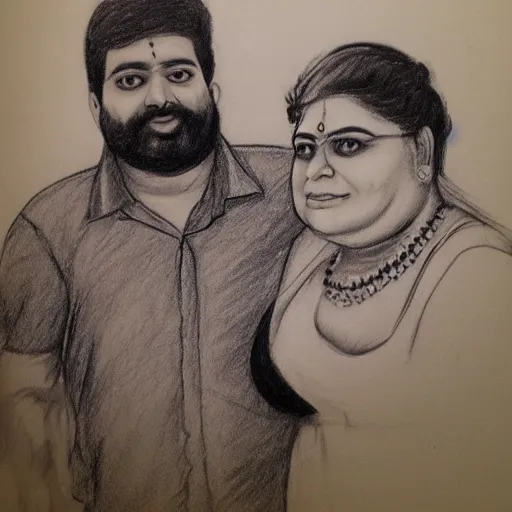 Prompt: pencil sketch of vinod with beard standing with a fat lady