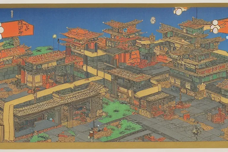 Image similar to a dungeons and dragons castle town. street level view. r / retrofuturism and ukiyo - e