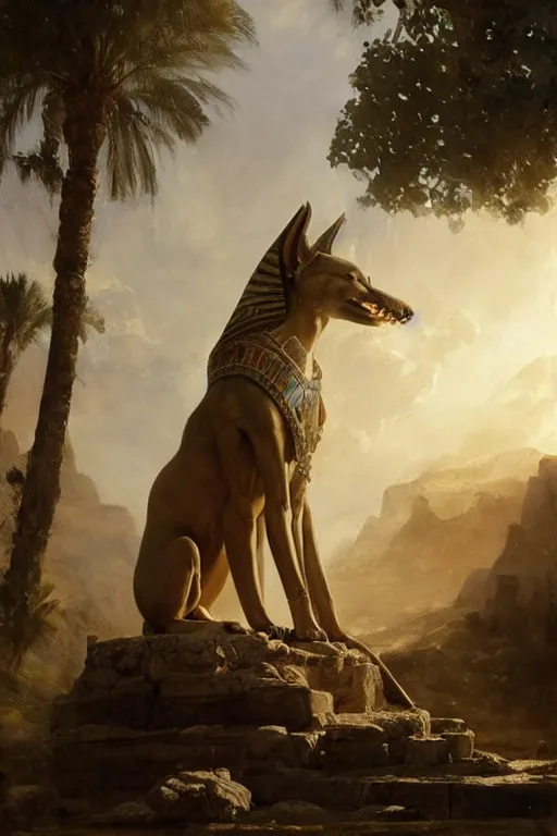 Image similar to beautiful landscape oil matte painting, of ancient egypt giant satue of anubis, art by anders zorn, wonderful masterpiece by greg rutkowski, beautiful cinematic light, thomas lawrence, greg rutkowski