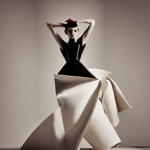 Image similar to a model dressed in an avant garde haute couture dress, angular minimalism, vogue editorial photo, sharp focus dynamic light