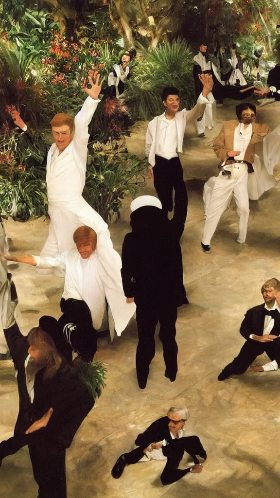 Prompt: ali khamenei dance with david bowie in botanical room by john singer sargent, cinematic, detailed