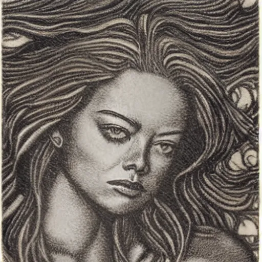 Image similar to detailed etching of emma stone, etching on metal, by mauritius escher