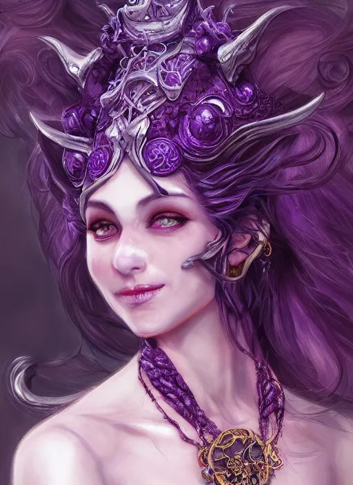 Prompt: purple skin, Tiefling , smiling, beautiful detailed eyes, cute, fantasy, intricate, elegant, highly detailed, digital painting, 4k, HDR, concept art, detailed jewelry, smooth, sharp focus, illustration, by Wayne Reynolds