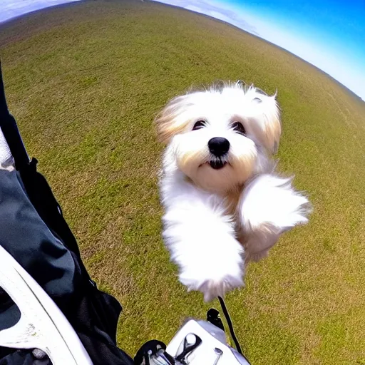 Prompt: a cream-colored havanese hang gliding, gopro photo, 4k