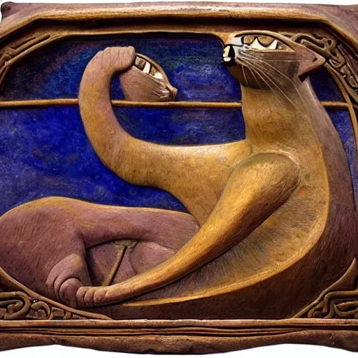 Image similar to cloisonne cat sculpture from a lost civilization, by annie swynnerton and diego rivera and nicholas roerich and jean delville and charlie bowater, symbolist, dramatic lighting, god rays, art brut, rich colors, smooth sharp focus, extremely detailed, adolf wolfli and ( donato giancola and bilibin )