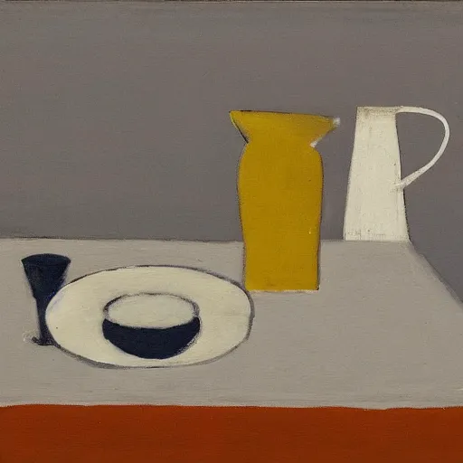 Prompt: a painting by ben nicholson in the style of ivon hitchens, table still life with cards. jug