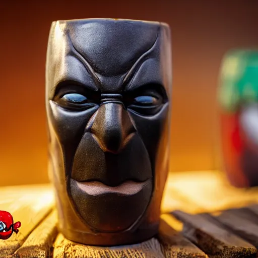 Image similar to a closeup photorealistic photograph of a deadpool style tiki mug sitting at a trader vic's beach bar featuring the face of deadpool. tiki party. bright scene. fine detail. this 4 k hd image is trending on artstation, featured on behance, well - rendered, extra crisp, features intricate detail, epic composition and the style of unreal engine.