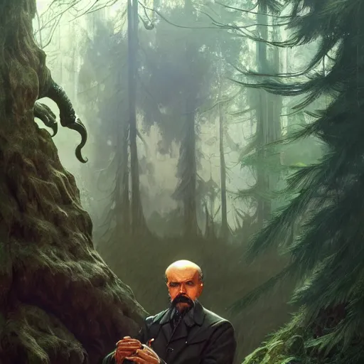 Image similar to photo of davy jones vladimir lenin face in the forest, highly detailed, digital painting, artstation, smooth, sharp focus, illustration, art by artgerm and greg rutkowski and alphonse mucha