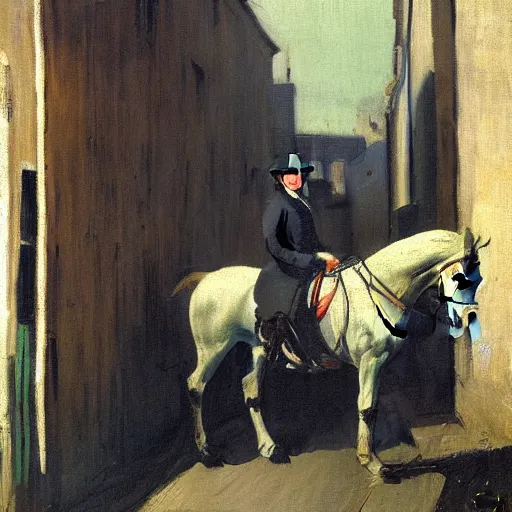 Image similar to painting of a man on a horse in a Dublin alleyway, painted by George Bellows, 1905