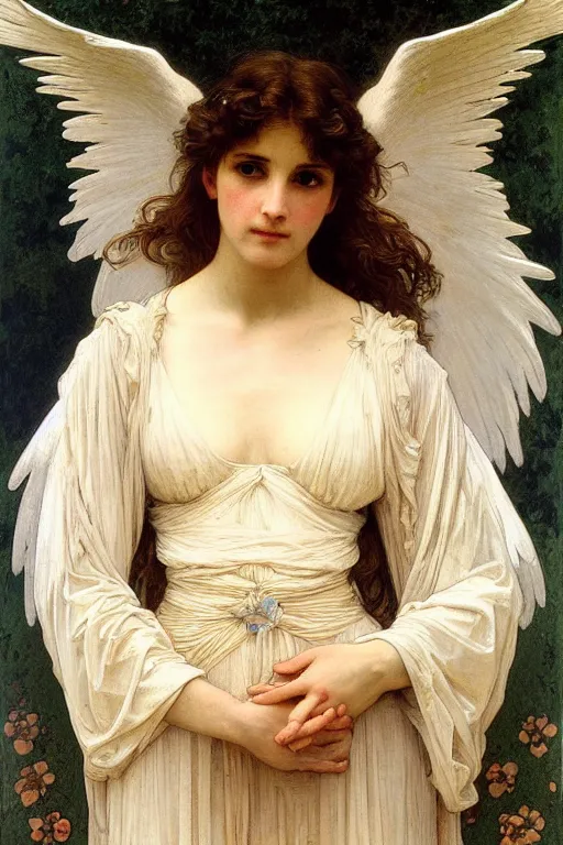 Prompt: portrait of a beautiful angel, intricate, elegant, hyperdetailed by alphonse mucha and william - adolphe bouguereau and john william waterhouse