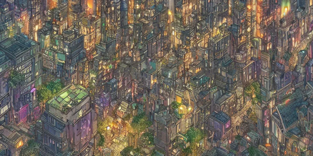 Prompt: the city that never sleeps, lights, mythology, fairy tale, urban landscape, evening, highly detailed, low angle view, studio ghibli, artstation, in the style of aetherpunk