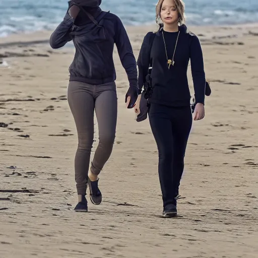 Image similar to Jennifer Lawrence and Jennifer Lawrence walking along the beach together, golden hour, hyperdetailed, 8k,