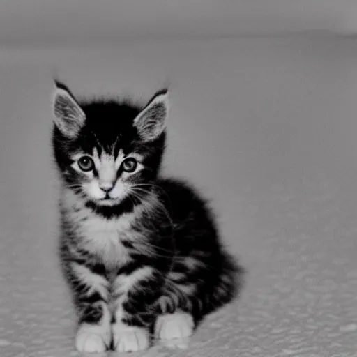 Prompt: kitten found on the surface of the moon, blurry, grainy, old photo