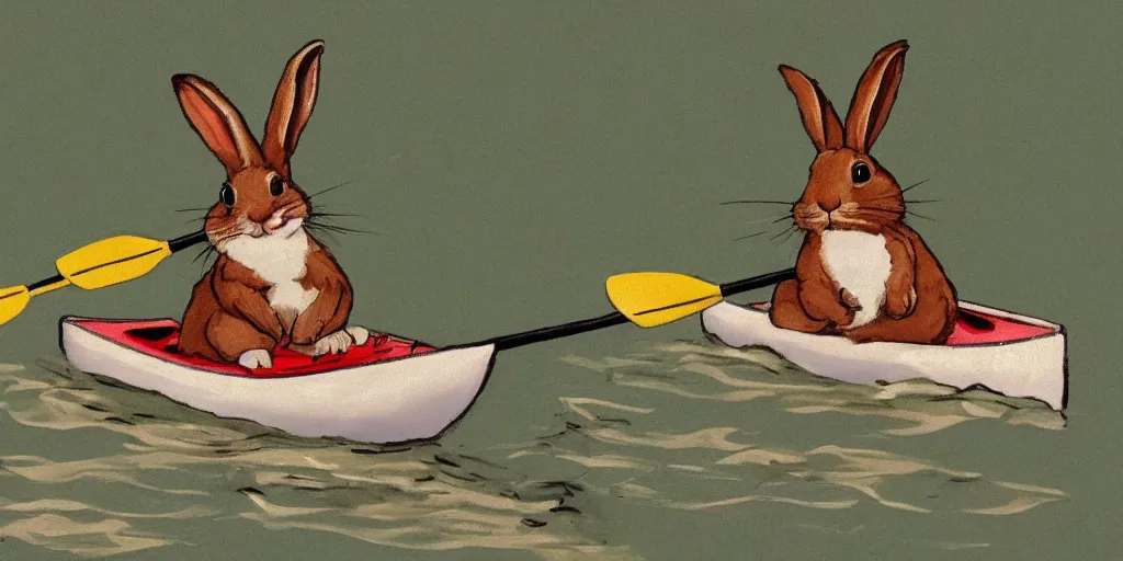 Prompt: a rabbit paddling a kayak, in the style of Zorn