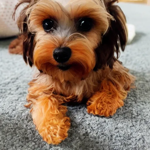 Image similar to yorkiepoo sitting in a pile of mochi, realistic, hd