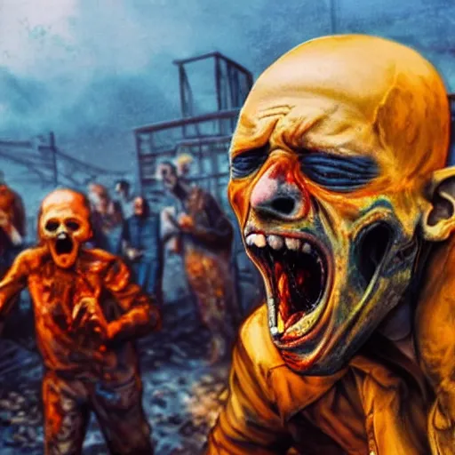 Image similar to selfie of a ukrainian screaming in pain and terrible injuries from a nuclear explosion, everything is on fire and radiation, in the background there are a lot of people like zombies, corpses and skeletons, a large nuclear explosion in the background, people are painted in yellow and blue, all dirty with severed limbs, doomsday