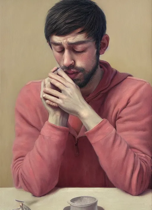 Image similar to insanely detailed portrait of a sleepy - looking programmer guy in front of his ultrawide monitor begging for forgiveness, oil on canvas, masterwork, fine detail, trending on artstation, emotive, insanely compelling, ryden, koons, moebius