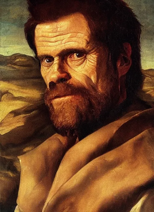 Prompt: portrait painting of willem dafoe with stubble, renaissance oil painting, chiaroscuro