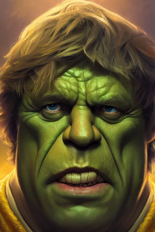 Prompt: Boris Johnson as Hulk, visible face, realistic portrait, gold and blue, highly detailed, digital painting, artstation, concept art, smooth, sharp focus, illustration, cinematic lighting, art by artgerm and greg rutkowski and alphonse mucha