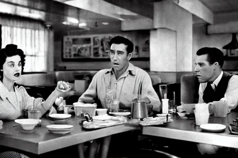 Image similar to beautiful couple arguing in a New York diner 1950s, by Roger Deakins