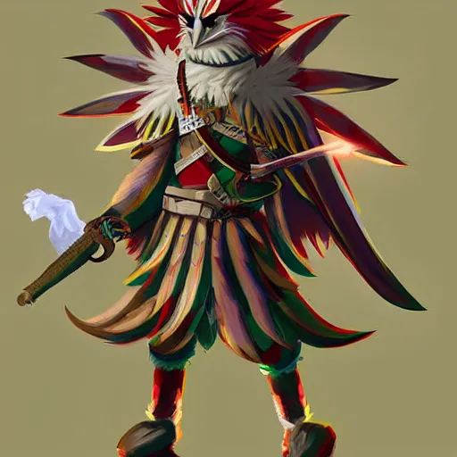 Image similar to avian leader in a army combat uniform created entirely of feathers holding a rapier with a bright red beak medieval theme rito breath of the wild, digital art, cinematic lighting