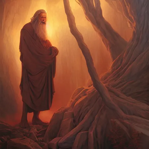 Image similar to Beautiful hyperrealistic detailed matte portrait painting of moses with the Burning Bush, by andreas rocha and john howe, and Martin Johnson