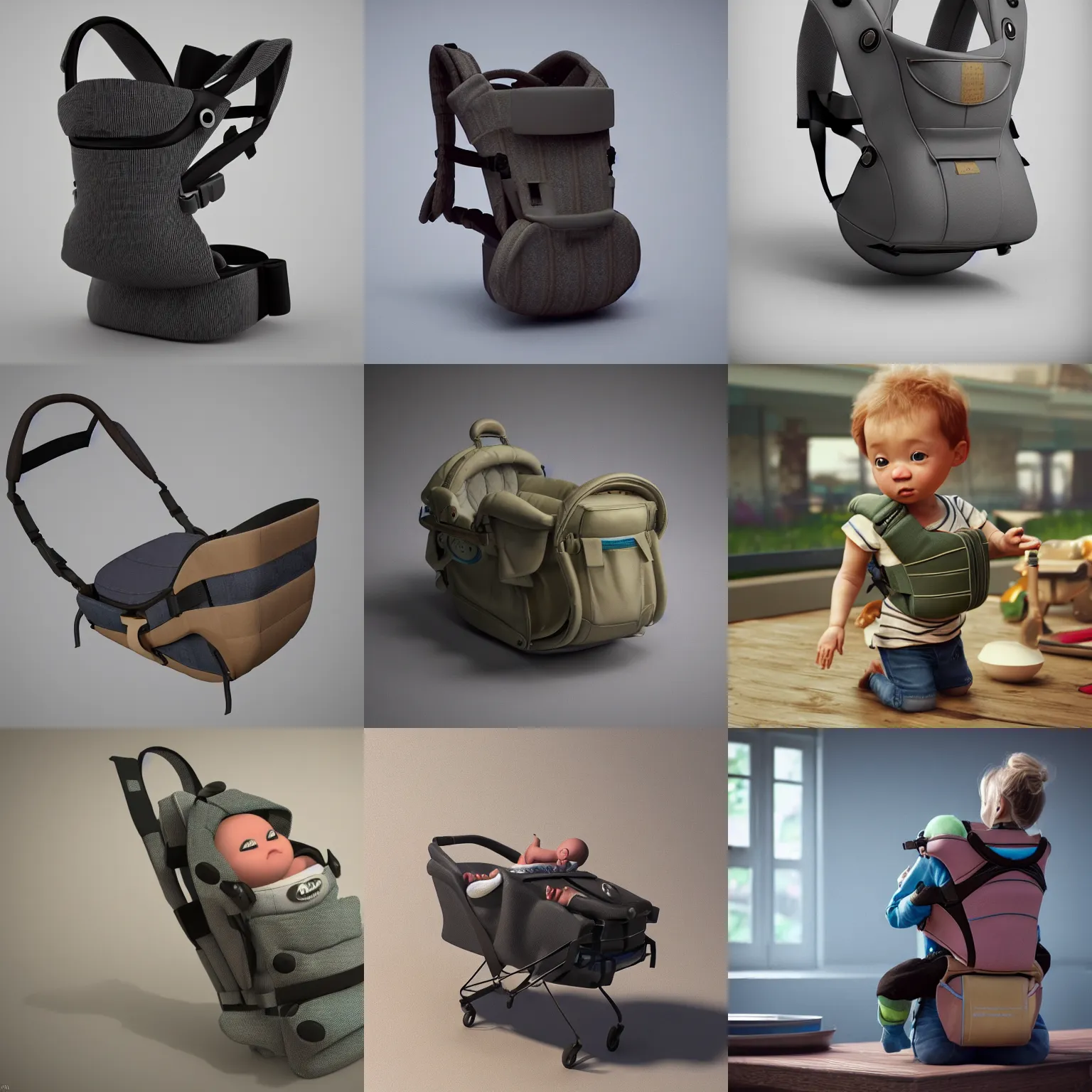 Prompt: a worn out baby carrier on a table, trending on artstation, wsop, pixar, octane render, 3 d, 4 k