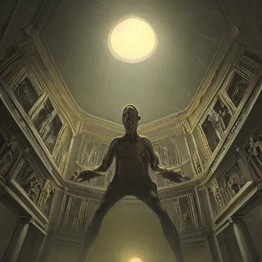 Image similar to POV shot of a mutant man grabbing you, hyper realistic, elegant, ornate, elite, horror, creepy, ominous, haunting, cinematic lighting, metal plate photograph, unreal engine, symmetrical, cinematic centered camera, high detail by Isaac Levitan, Frederic Church and Vasily Perov