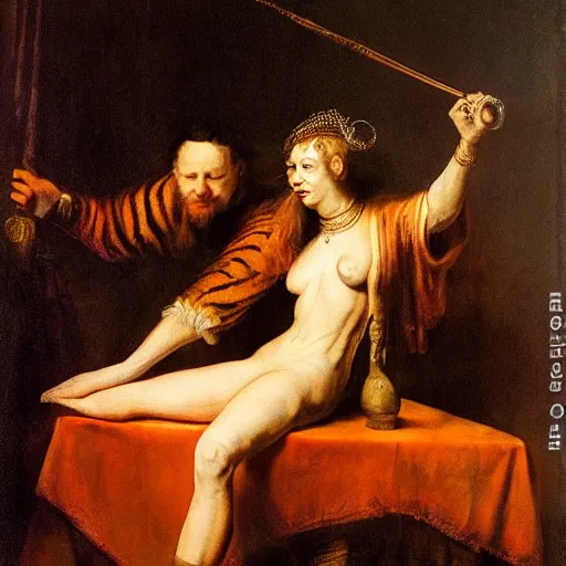 Prompt: stage magician turning his sexy assistant into a tigress, rembrandt