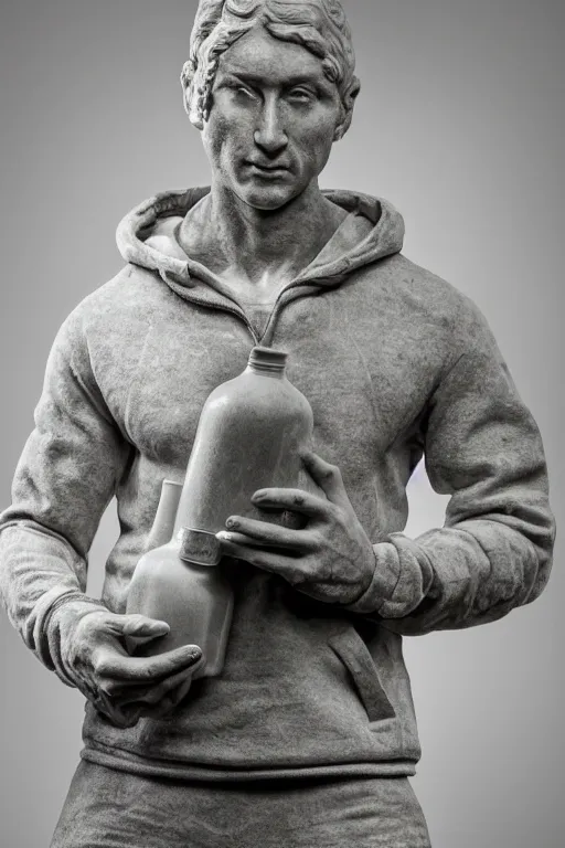 Prompt: marble sculpture of man in Adidas winter jacket sportswear holding a marble bottle of vodka, intricate sculpture, chiseled muscles, godlike, rembrandt lighting, museum photo