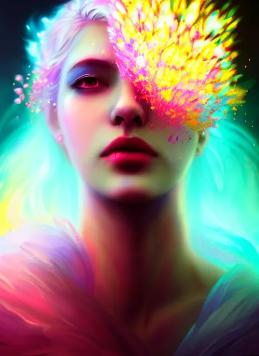 Prompt: a colorful and vibrant majestic white queen drops a tearwith flowers on her hair, open wide eyes is gazing at, glowing light orbs, intricate concept art, elegant, digital painting, smooth, sharp focus, mist, outrun, vaporware, cyberpunk darksynth, ethereal, ominous, misty, 8 k, by ruan jia, 8 k, rendered in octane
