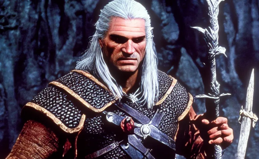 Prompt: a still of geralt of rivia in the dark crystal ( 1 9 8 2 ),