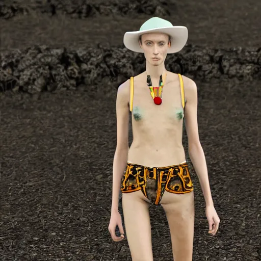 Image similar to isabel marant spring summer streetwear collection, fashion show, in the style of grand chamaco and pedro conti and stanley kubrick, inspired by die antwoord, photorealistic, epic, super technical, 3 d render