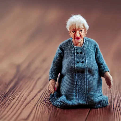 Prompt: miniature realistic very old woman sitting in palm of giant hand, short dof, macro photo, tiltshift, extremely cute, large head, tiny body, hyper realistic, minutely detailed