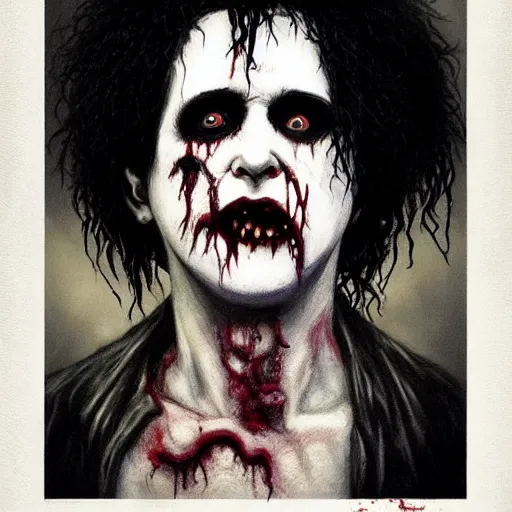 Image similar to early picture of robert smith from the eighties as a cute zombie, 7 days to die zombie, fine art, award winning, intricate, elegant, sharp focus, cinematic lighting, digital painting, 8 k concept art, art by z. w. gu, art by brom, art by michael hussar, 8 k