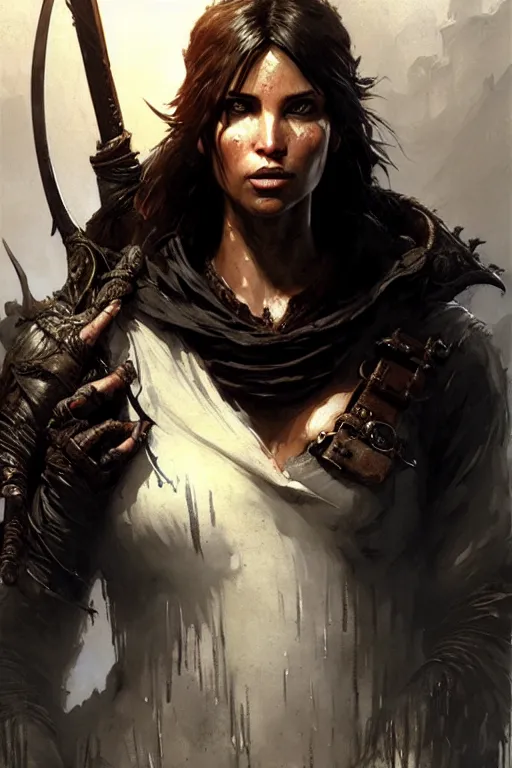 Image similar to lara croft in bloodborne portrait dnd, painting by gaston bussiere, craig mullins, greg rutkowski, yoji shinkawa