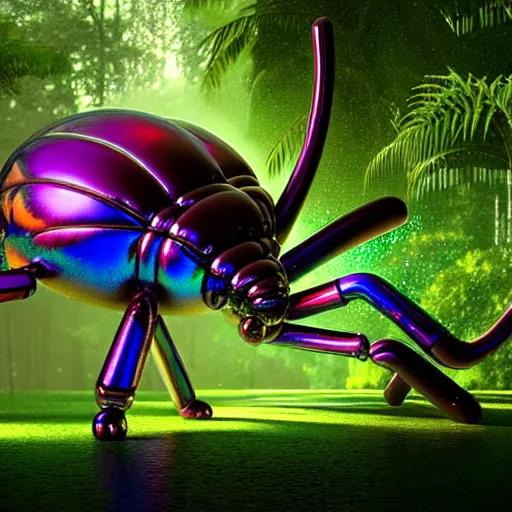 Prompt: giant iridescent mix between a feline and bug android creature in lush jungle, raining, foggy, moody, :: by Jeff Koons, Dan McPharlin Daniel Merrian :: ornate, dynamic, particulate, rich colors, intricate, elegant, highly detailed, centered, artstation, smooth, sharp focus, octane render, 3d