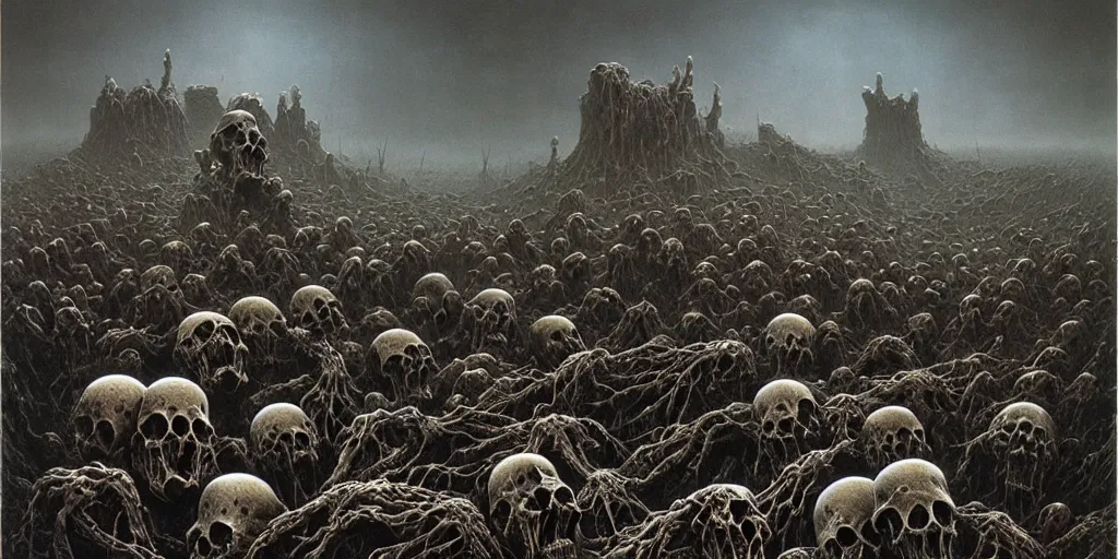 Prompt: wasteland of malformed mammal skulls, Zdzislaw Beksinski, Wayne Barlowe, Joe Fenton, gothic, cosmic horror, dystopian, biomorphic, lovecraftian, amazing details, cold hue's