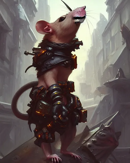 Image similar to cute pet rat short muscular warrior cyberpunk theme medieval, deep focus, d & d, fantasy, intricate, elegant, highly detailed, digital painting, artstation, concept art, matte, sharp focus, illustration, hearthstone, art by artgerm and greg rutkowski and alphonse mucha