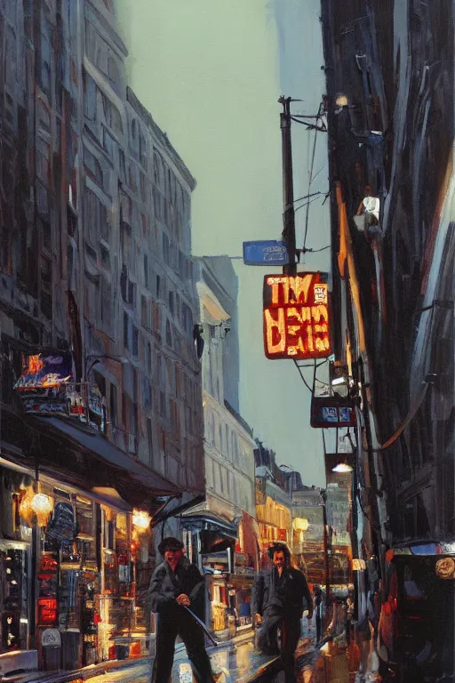 Image similar to charles bronson death wish, city street, midnight, highly detailed painting, realistic, 4 k, tom lovell painting