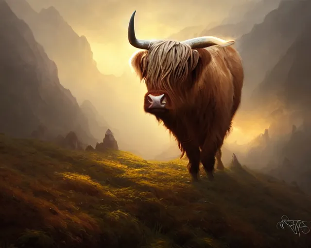 Prompt: photography highland cow, deep focus, d & d, fantasy, intricate, elegant, highly detailed, digital painting, artstation, concept art, matte, sharp focus, illustration, hearthstone, art by artgerm and greg rutkowski and alphonse mucha