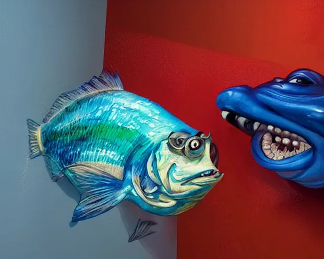 Image similar to an innocent and beautiful scene in hyper realistic style, about an fat old woman painting a huge colorful fish on the wall, lighting from the barred window. shadows. 4 k. wide angle. wild mood. red mouth, blue eyes. deep focus, lovely scene. ambient occlusion render. unreal engine.