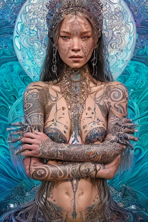 Image similar to a centered render of an mytical festival hippy with tribal tattoos wearing intricate metallic clothing surrounded by a underwater ink pour and flowing liquid gallium and sacred geometry, perfect body and face, gorgeous, cinematic, beautifully lit, by miho hirano, by karol bak, by donato giancola, 3 d, trending on artstation, octane render, 8 k