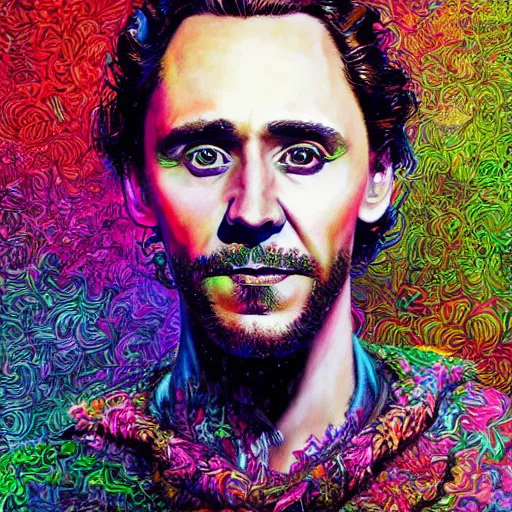 Image similar to portrait of tom hiddleston, hyper detailed masterpiece, neon floral pattern, jean giraud, digital art painting, darkwave goth aesthetic, psychedelic, artgerm, donato giancola and tom bagshaw