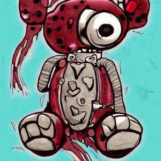 Prompt: grunge drawing of a teddy bear with bloody eyes by - invader zim, loony toons style, horror theme, detailed, elegant, intricate