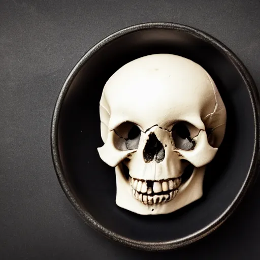 Prompt: close up of human skull used as ashtray, dark blurry background