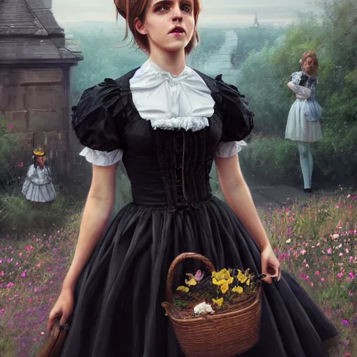 Image similar to highly detailed painting of emma watson wearing a black cat lolita maid dress, stephen bliss, 8 k, by greg rutkowski, artgerm, loish, rhads, global illumination, detailed and intricate environment