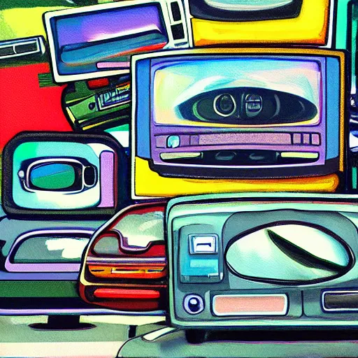 Image similar to array of crt televisions made out of cars, tv static, blob, technology, antenna, stacked, junkyard, polaroid, steroids, adult video store, impressionist painting, painting, acrylic painting, cell shaded