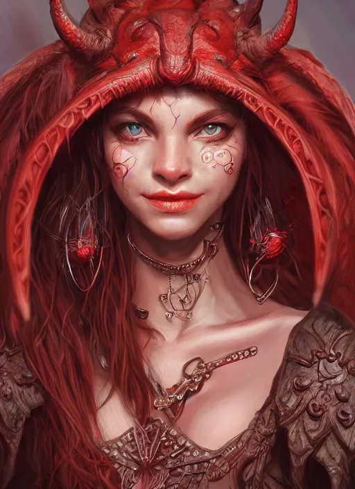 Image similar to red skin, Tiefling , smiling, beautiful detailed eyes, cute, fantasy, intricate, elegant, highly detailed, digital painting, 4k, HDR, concept art, detailed jewelry, smooth, sharp focus, illustration, by Eric Deschamps