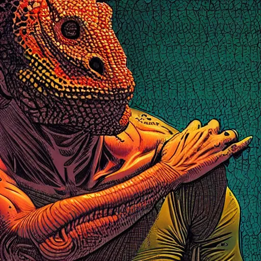 Image similar to portrait of lizard man removing human skin mask by Dan Mumford and Josan Gonzalez, ultra detailed, hyper realism